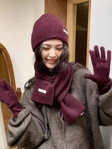 1 Set Solid Color Casual Acrylic Beanie, Scarf & Gloves 3 Pieces Set, Autumn/Winter Cold Weather Outfit Women Valentines Gift - Multicolor - View 7