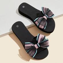 女士蝴蝶结装饰休闲平底鞋 - 后跟系带 EVA 鞋底，圆头套脚凉鞋，织物内里，亚麻鞋面，中跟，四季皆宜 - 可手洗 - 彩色 - 查看 4