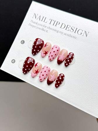 10 Pieces Of Purely Handmade Press-On Nail Tips, Short Almond-Shaped Nail Type With Pressed Fake Nails, Featuring A Fashionable And Popular Style. It Has A Glossy Nail Base Color Adorned With Polka Dot Patterns And Pink And Red French Tip Designs