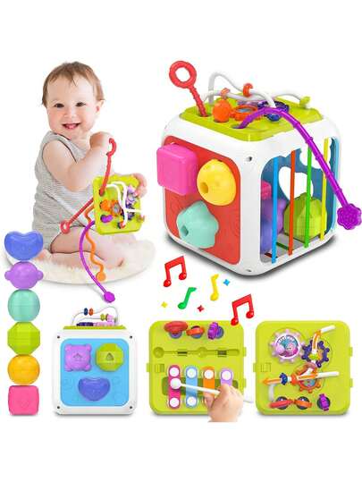 Juguetes Sensoriales con Clasificación de Formas, Juguetes Montessori con Bandas Elásticas, con 4 en 1 Tablero de Juguetes, Cubo Montessori para Juegos Didacticos para Niños y Niñas