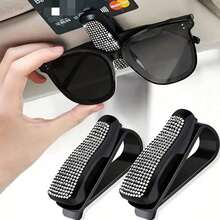 1pc Artificial Rhinestones Car Glasses Holder With Ticket Card Clip For Car Interior Accessories - Sun Visor Sunglasses Hanger - Multicolor - 查看 3