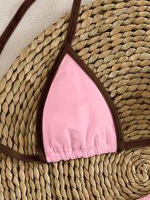 Bộ bikini hai mảnh tam giác siêu nhỏ, màu trơn, kiểu buộc dây cổ, thanh lịch, gợi cảm, thích hợp cho các bữa tiệc mùa hè, đi biển, nghỉ mát. - nâu hồng - Xem 5