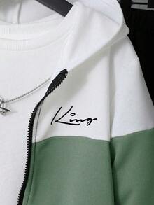Young Boy Letter Graphic Contrast Color Hoodie Jacket And Sweatpants Casual Outfit - Green - View 3