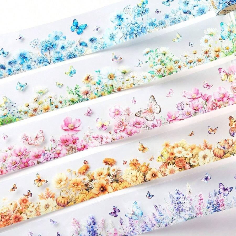 5 Rolls Floral Washi PET Tape Set Flower Scrapbook Junk Journal Supplies, Decorative Tape Stickers Arts Crafts Bullet Planner, 50mm Widex 78.74 Inch Long/Roll - Floral - View 1
