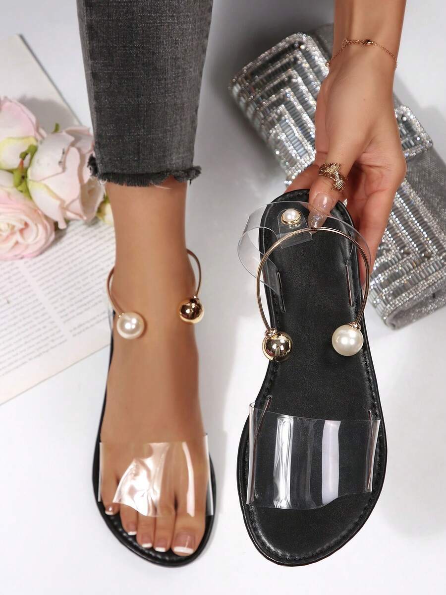 Summer New Round Toe Transparent Minimalist Lightweight Slip-On Pearl Metal Buckle Women Outdoor Beach Sandals - Black - View 1
