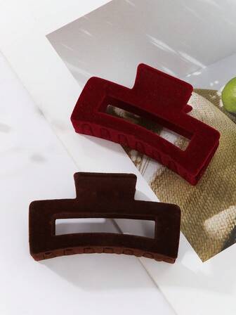 2pcs Square Flocked Scrunchies - Deep Coffee & Bright Red Hair Clips, Hair Claw, Hair Accessories Women Claw Clip Fashion Hair Clutch