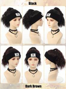 Synthetic Short Curly Ponytail Wig Hat, Natural Looking, With Adjustable Fluffy Knit Cap, Elastic Hair Band Wig Hat In Black, Gold, And Brown Colors - Multicolor - View 5