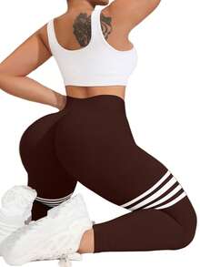 2pcs Stripe Detail Seamless High-Waist Women's Sports Leggings, High-Elasticity Abdomen-Tucking Leggings, Butt-Lifting & Leg-Slimming Tights, Soft Quick-Dry Breathable Four-Way Stretch Workout Leggings For Women,Multi-Color Options(Black/Red/Brown) - Màu Khaki - Xem 6