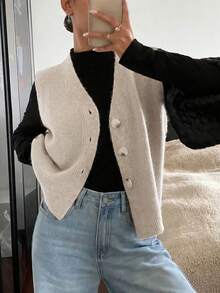 Women's Casual Solid Color V-Neck Long Sleeve Button-Up Knit Vest, Suitable For Spring And Autumn Outfits - Khaki - View 5
