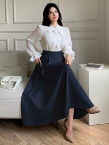 abyoxi Women's Solid Color Elegant High-Waisted Pleated A Line Midi Skirt Fall Winter Fashion Simple Casual Daily Commute Office Half Skirt - Navy Blue - View 4