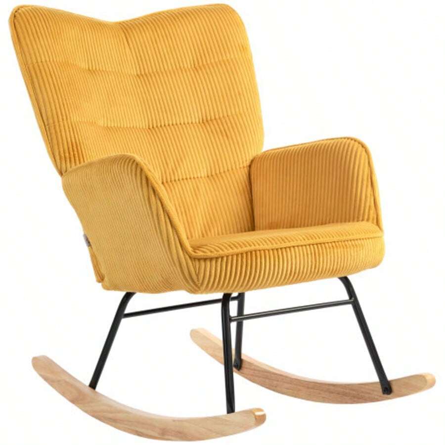 HOMCOM Rocking Chair, With Wooden Armrests And Glides, Berber Polar Look, Ideal For The Living Room Or Bedroom. Colour: Yellow. - Mustard Yellow - View 1