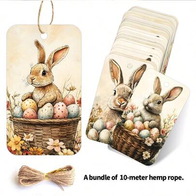 50pcs Vintage Easter Gift Tags With Hemp Rope - Easter Bunny, Easter Eggs And Easter Basket Themed Label Cards, Perfect For DIY Crafts, Gift Wrap, Party Supplies, Home Decor, Easter Gift Hang Tags, Easter Family Activities Decor