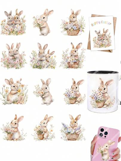 2pcs Spring Rabbit & Floral Easter Bunny DIY UV DTF Transfer Stickers, Suitable For Crafts, Journals, Glass Cups, Coffee Mugs, Vases, Laptops, Phone Cases, Greeting Cards, Illustrations, Scrapbooks, Decorative Transfers, Home Decor, 6.8cm