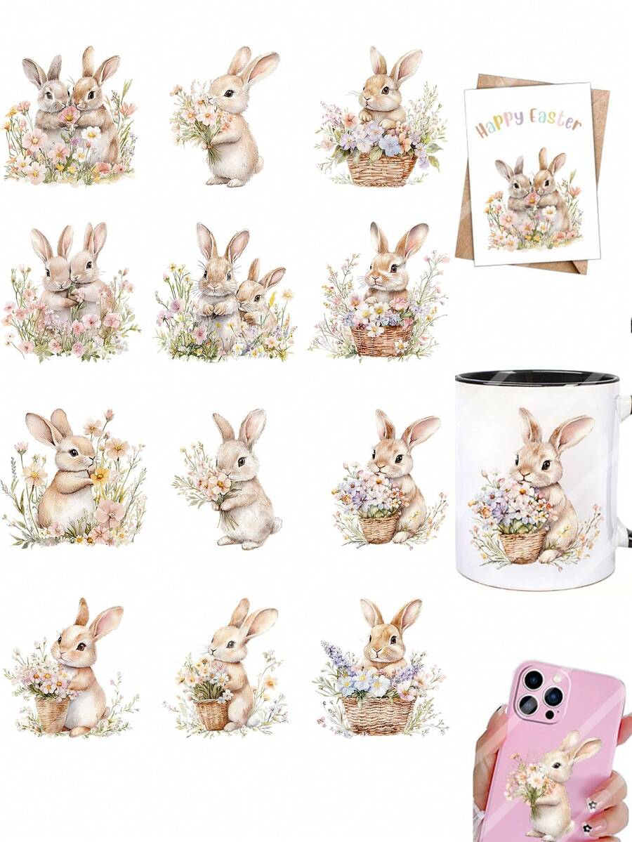 2pcs Spring Rabbit & Floral Easter Bunny DIY UV DTF Transfer Stickers, Suitable For Crafts, Journals, Glass Cups, Coffee Mugs, Vases, Laptops, Phone Cases, Greeting Cards, Illustrations, Scrapbooks, Decorative Transfers, Home Decor, 6.8cm - Multicolor - View 1
