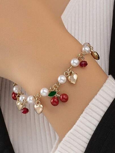 צמיד פנינים חמוד חדש, צמיד דובדבן קריסטל רב-תכליתי, אביזרי צמיד בסגנון נישה מינימליסטי