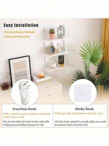 1pc,Wall Mounted Floating Shelves (30/40/50cm, White) - No Drill Installation, With Hooks Included, Space-Saving Storage For Living Room, Bedroom, Kitchen, Bathroom - White - View 4