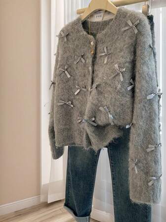 JIANHU Silver-Gray Bow-Embellished Knit Cardigan - Fall/Winter All-Over 3D Bows Decor & Button Closure Cardigan, Christmas Party & Sweet Date