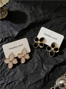 6对优雅迷人的珐琅花朵珍珠耳环，时尚水滴形/五瓣花黑色油滴耳环，精致蝴蝶结耳环及其他时尚配饰 - 彩色 - 查看 6