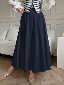 abyoxi Women's Solid Color Elegant High-Waisted Pleated A Line Midi Skirt Fall Winter Fashion Simple Casual Daily Commute Office Half Skirt - Navy Blue - View 3