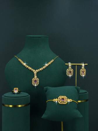 5件套18K镀金奢华皇家风格方形新娘结婚首饰套装，镶嵌粉色立方氧化锆，包括项链、手链、耳环和戒指，适合日常佩戴，也是结婚周年纪念礼物。