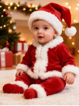 3pcs/Set Baby Christmas Outfit (Hat + Shirt + Pants), Infant Christmas Costume, Newborn Christmas Gift, Family Christmas Photo Shoot, Suitable For 100 Days Celebration & Holiday Party, Christmas Gift For Baby Boy/Girl