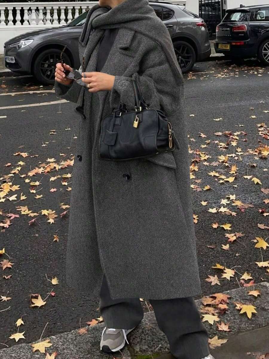 Plus Size Women's Elegant Solid Color Long Sleeve Pocket Woolen Trench Coat, Double-Breasted Wool Overcoat, Christmas Women's Clothing, Elegant Women's Blouses