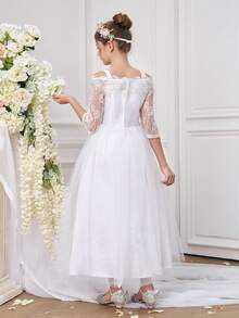 Tween Girls Elegant Lace Long Sleeve Princess Party Dress, Suitable For Communion, Bridesmaid, Wedding, Birthday, Graduation Ceremony, Performance - White - View 2