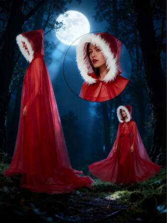 Christmas Cape, Santa Claus Hooded Tulle Robe Cape, Christmas And New Year Role-Playing, Christmas Costume Party Decoration