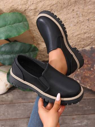 1 Pair Women's Solid Color Fashion PU Leather Platform Wedge Shoes, Suitable For Outdoor Wear All Seasons