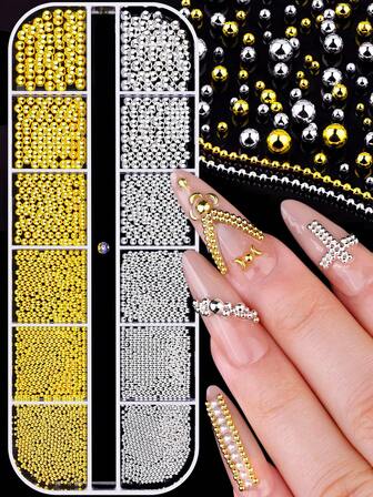12pcs/Set Charming Y2K Style Shiny Gold & Silver Alloy Semi-Circle Small Metal Ball Nail Art Decoration Accessories, Luxury Versatile Punk Chic Sparkling 3D Nail Decor, Korean & Japanese Style Nail Art Supplies, Odorless DIY Fake Nails & Phone Case Decor, Nail Jewelry, Nail Gems, Nail Art Supplies, Rhinestones And Decorative Gifts