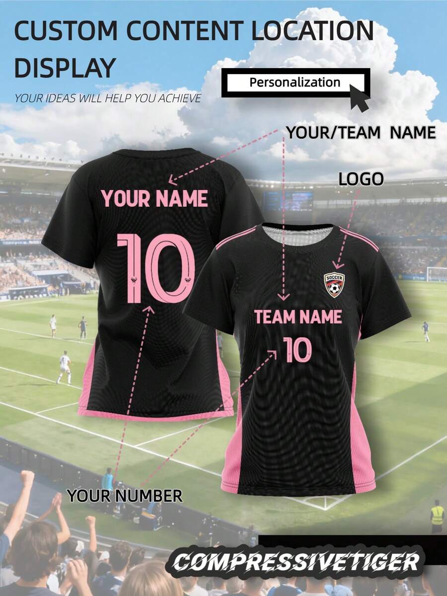 Customized Miami 24/25 Short Sleeve Soccer Jersey - Women's Personalized Football Shirt, Printable Name And Number, Suitable For Sports And Casual Wear, Breathable Athletic Top For Soccer, Basketball, Running, Sports Fan Outfit, Also An Ideal Gift For Halloween, Thanksgiving, Christmas And New Year - Black - View 1