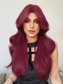 合成耐热假发，酒红色长卷发假发，28 英尺长，纤维材质，适合日常佩戴，自然仿假发。 - 酒紅色 - 查看 3