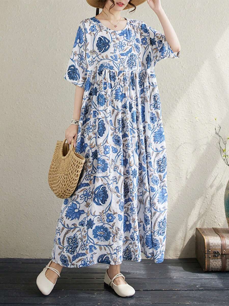 大码女式夏季长连衣裙，碎花图案，圆领，短蝙蝠袖，A字型，带口袋，无弹力梭织面料，喇叭裙摆 - 淺藍色 - 查看 1