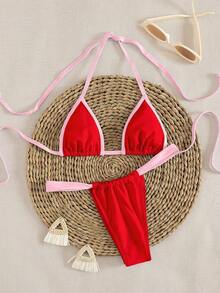 新款纯色系带优雅性感超三角比基尼套装，夏季沙滩时尚女士比基尼度假装 - 粉紅色 - 查看 2