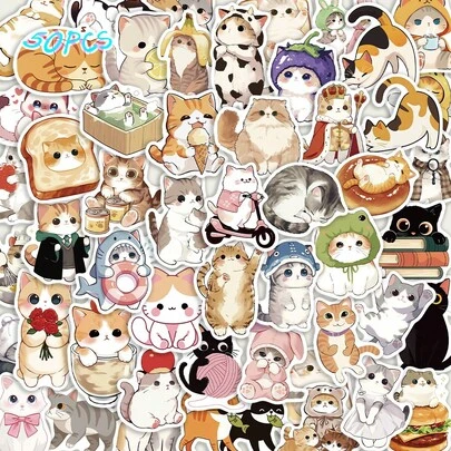 50pcs Cute Cat Stickers DIY Decoration Luggage Guitar Notebook Creative Fun Cartoon Stickers