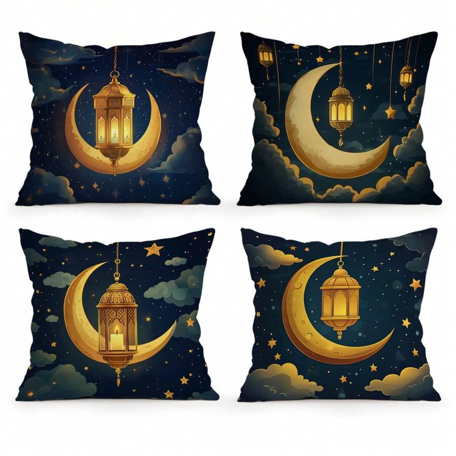 4pcs Ramadan Lantern & Rose Single-Sided Print Throw Pillow Covers, Decorative Pillow Cases For Living Room Sofa Bedroom, Pillow Insert Not Included - Multicolor - View 1