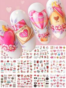 1张12款红色情人节玫瑰水印美甲贴纸，心形花朵礼物设计水转印美甲贴花婚礼美甲用品DIY美甲饰品装饰（无粘性） - 彩色 - 查看 4