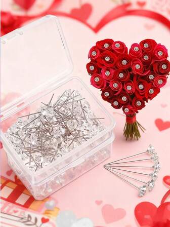 100 piezas de broche de flor con cristal de Rhinestone, alfileres rectos elegantes, broche de flor de acrílico transparente con caja de plástico, adecuado para costura de boda, manualidades DIY y decoración