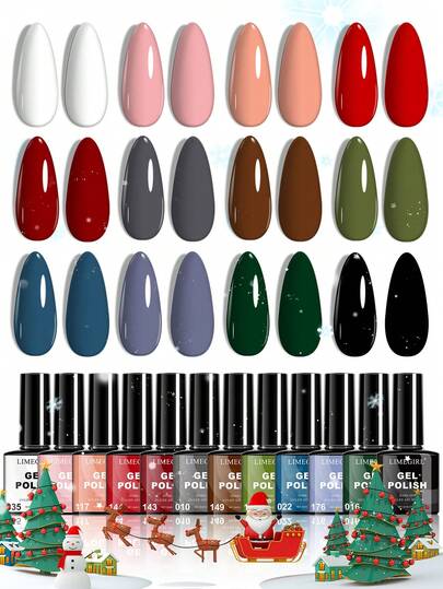  LIMEGIRL 圣诞凝胶指甲油套装，12 色可选，包括黑色、白色、闪粉、酒红色、红色、绿色和灰色，DIY 美甲沙龙套装，适合女性、女孩，居家圣诞礼物