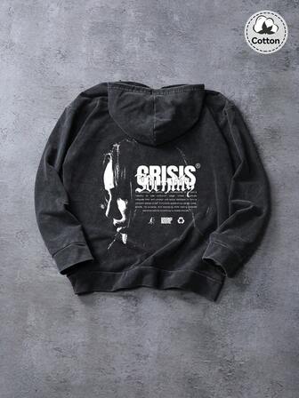 Men's Lightweight Street Graphic Hoodie Sweatshirt, Slightly Stretchy Fitted Washed Cotton Blend Black Pullover Long Sleeve Hooded Top, Casual Daily Wear