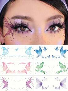 6 Sheets Colorful Butterfly Tattoos Waterproof Temporary Glitter Eye Tattoos Stickers For Halloween Valentine's Day Festival Party Prom Date Makeup Accessories - Nhiều màu - Xem 11