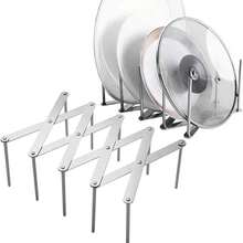 1 pieza Estante para ollas de acero inoxidable, soporte para tapas, montado lateralmente, ajustable, plegable, rejilla multiusos para cocinar al vapor, organizador de almacenamiento para cocina y comedor - Plateado - Ver 8