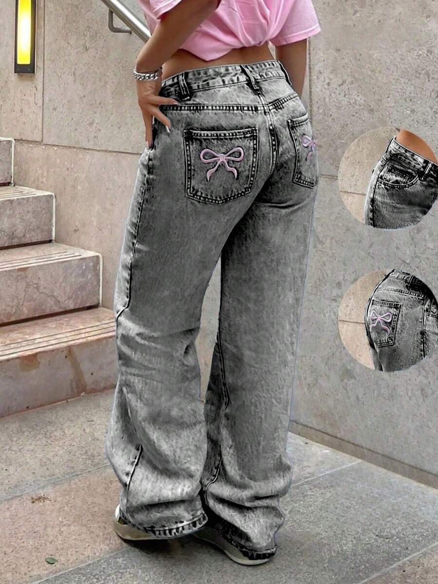Quần jean denim thêu hình bướm, kiểu dáng cổ điển, thường ngày dành cho nữ tuổi teen. - Xám - Xem 1