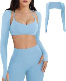 Women Crop Top Long Sleeve Bolero Open Front Workout Cropped Shirts Sports Shrug - Airy Blue - View 1