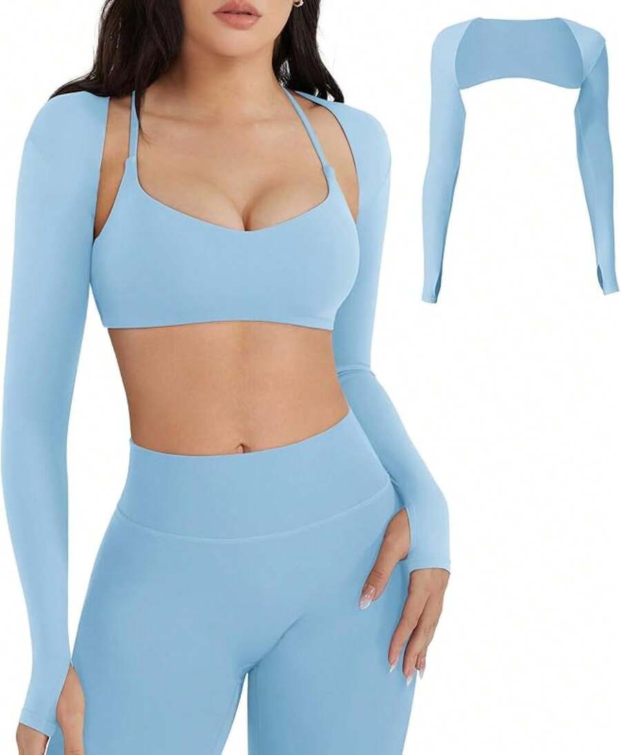 Women Crop Top Long Sleeve Bolero Open Front Workout Cropped Shirts Sports Shrug - Airy Blue - View 1