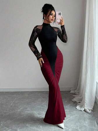 Vestido Midi Sexy de Manga Longa com Cintura Ajustada e Bainha de Sereia, Design Bicolor Preto e Vermelho, Adequado para Encontro no Dia dos Namorados