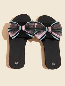 女士蝴蝶结装饰休闲平底鞋 - 后跟系带 EVA 鞋底，圆头套脚凉鞋，织物内里，亚麻鞋面，中跟，四季皆宜 - 可手洗 - 彩色 - 查看 2