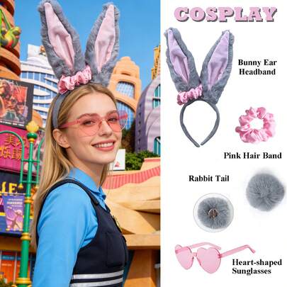 2pcs Judy Hopps Vacation Pink Costume Set, Includes Movable Ears & Tail, Sunglasses, And Headband - Official Bunny Ears Headpiece, Plush Rabbit Ear Headband, Suitable For Anime Conventions And Theme Parties Valentine's Day Costume