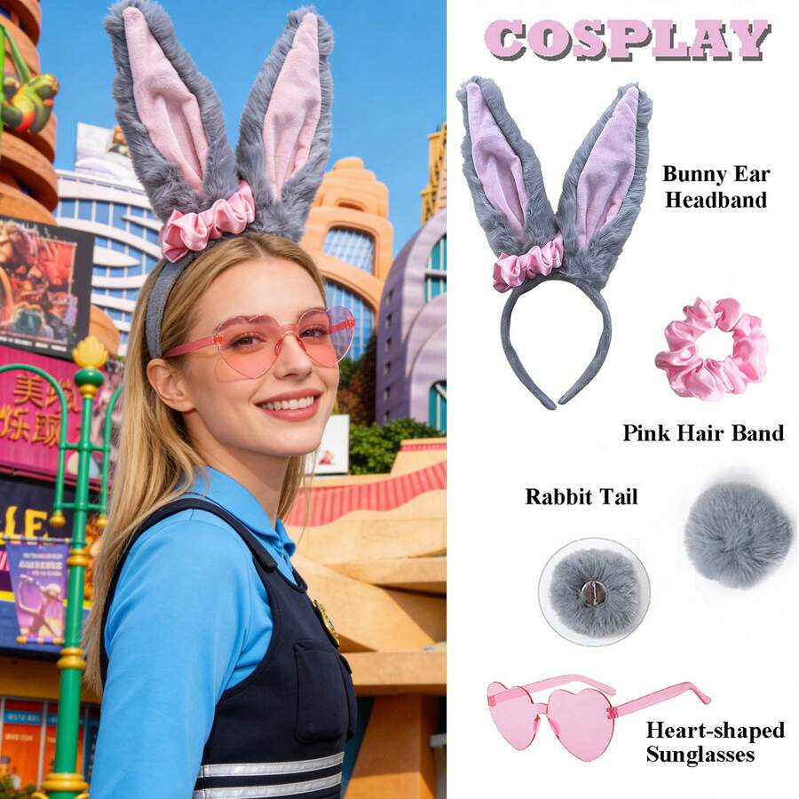 两件套朱迪·霍普斯度假粉色服装套装，包含可活动的兔耳朵和尾巴、太阳镜和头箍 - 官方兔耳朵头饰，毛绒兔耳朵头箍，适合动漫展、主题派对和情人节服装