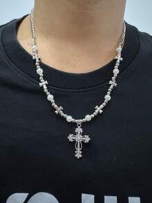 Dây chuyền ngắn với mặt thánh giá cổ điển và hạt charm, phong cách đường phố đơn giản, dành cho cả nam và nữ - Bạc - Xem 7